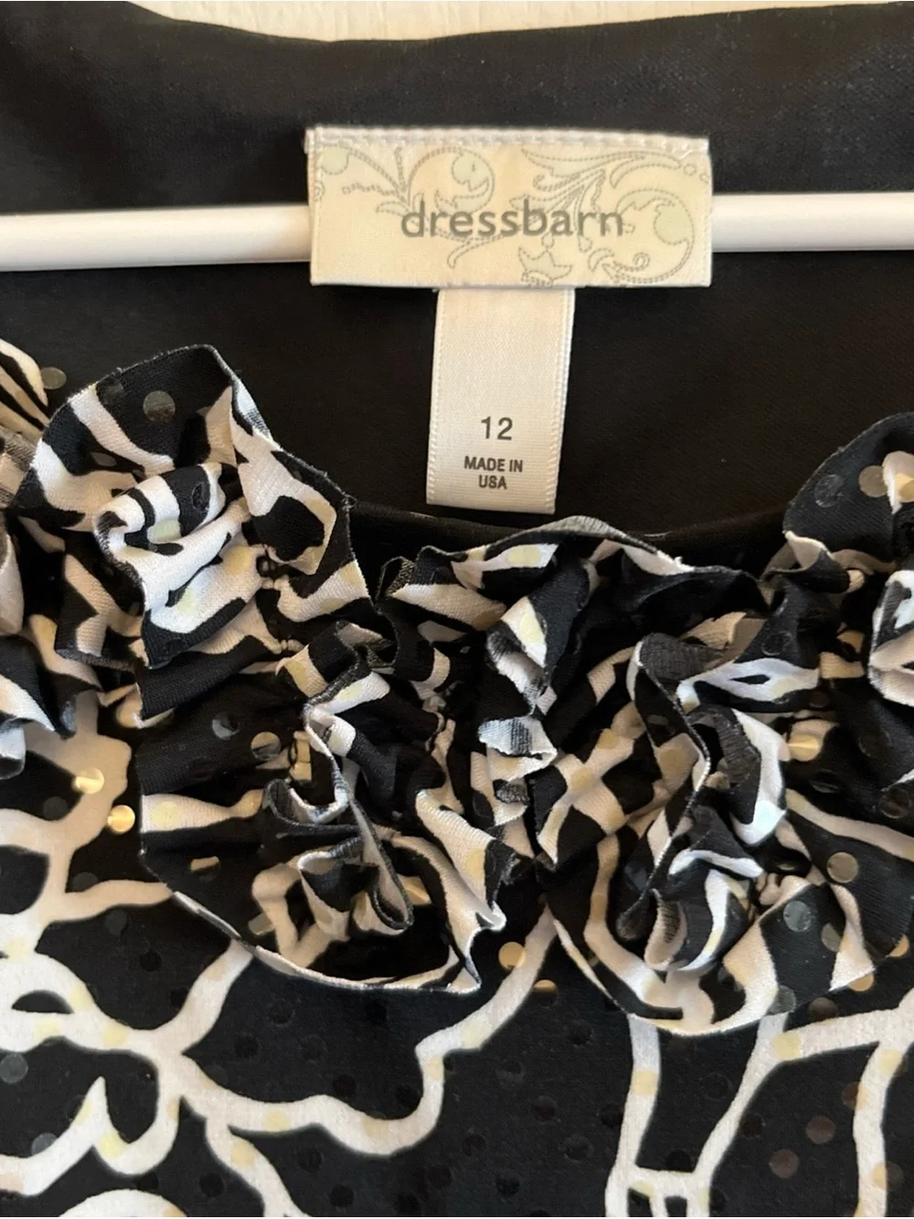 Dress Barn Black and White Rose-Print Ruffle-Neck Mini Dress